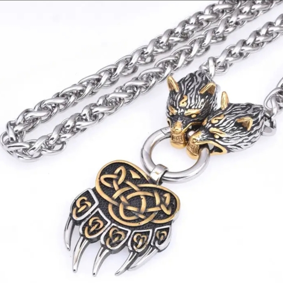 New! MEN'S Nordic Viking Celtic Knot Wolf Head Bear Claw Necklace. - Picture 2 of 3